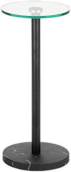 mDesign Glass Top Side/End Drink Table - Small Modern Round Accent Metal Nightstand Furniture for Living Room, Dorm, Home Office, and Bedroom - 9" Round - Clear/Matte Black Marble Print