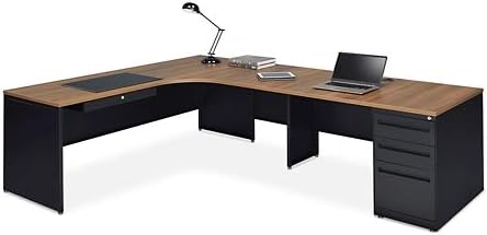 NBF Carbon L Shaped Executive Office Desk with Hutch - Durable Laminate Computer Desk with 3 Drawers - Modern Desk with Storage and Cabinet - Work Desk with Right Return (72" W x 96" D, Gray, Maple)