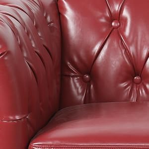 Chesterfield 3 Seater Sofa, Modern Leather Tufted Couch 3 Seater with Rolled Arms and Nailhead Mid-Century Upholstered Couch for Living Room, Bedroom, Apartment and Office, Claret
