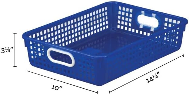 Really Good Stuff Plastic Desktop Paper Storage Baskets for Classroom or Home Use – 14”x10” Plastic Mesh Baskets Keep Papers Crease-Free and Secure – Blue Baskets With White Handles (Set of 12)
