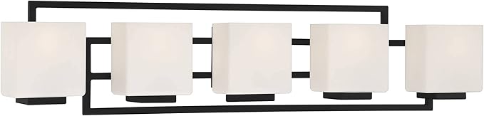 Possini Euro Design Lighting on The Square Modern Wall Mount Light Matte Black Aluminum Hardwired 37" 5-Light Fixture Opal Glass Shade for Bathroom Vanity Mirror House Living Room Home Hallway