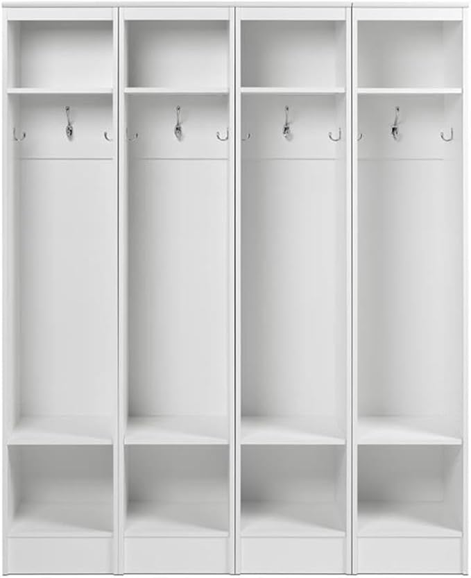 Prepac Narrow Coat Rack Freestanding Hall Tree with 3 Hooks, Entryway Furniture for Coat & Shoe Storage, Entryway Organization with Adjustable Shelf, 14.75"W x 72.5"H x 15.5"D, Set of 4, White