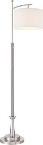 Possini Euro Design Burbank Modern 64" Tall Standing Floor Lamp Downbridge Pole Task Silver Metal Brushed Nickel Finish Living Room Bedroom House Reading Office Home Decor Entryway White Drum Shade