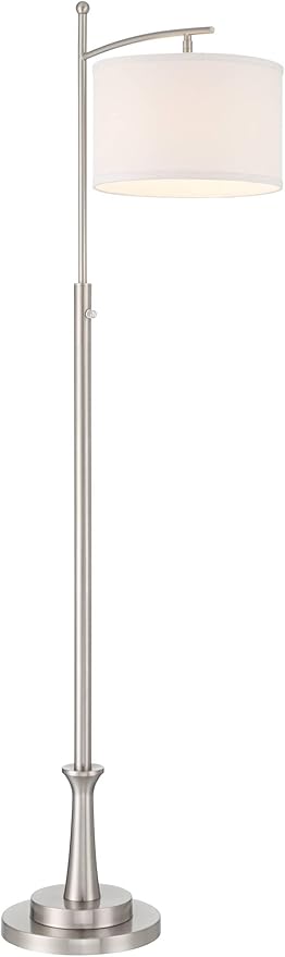 Possini Euro Design Burbank Modern 64" Tall Standing Floor Lamp Downbridge Pole Task Silver Metal Brushed Nickel Finish Living Room Bedroom House Reading Office Home Decor Entryway White Drum Shade