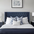 Madison Park Queen Button Tufted Headboard, Adjustable Upholstered Transitional Wingback Headboard, Nailhead Trim, Wooden Frame, Black Metal Legs, Flush Flat Back, Vintage Bedroom Décor Amelia - Navy