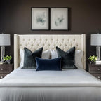 Madison Park Amelia Upholstered Headboard | Nail Head Trim Wingback Button Tufted | King, Cream