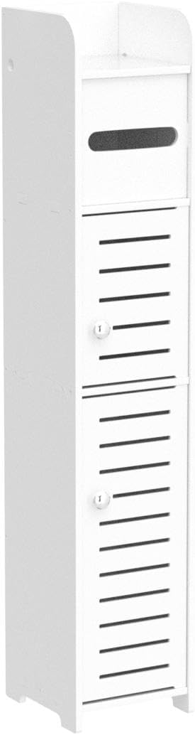 TuoxinEM Storage Cabinet for Small Spaces, Over The Toilet Cabinet for Skinny Bathroom Storage Corner Floor, Slim Paper Holder with 2 Doors & Shelves (White)