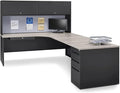 NBF Carbon L Shaped Executive Office Desk with Hutch - Durable Laminate Computer Desk with 3 Drawers - Modern Desk with Storage and Cabinet - Work Desk with Right Return (72" W x 96" D, Gray, Maple)