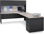 NBF Carbon L Shaped Executive Office Desk with Hutch - Durable Laminate Computer Desk with 3 Drawers - Modern Desk with Storage and Cabinet - Work Desk with Right Return (72" W x 96" D, Gray, Maple)