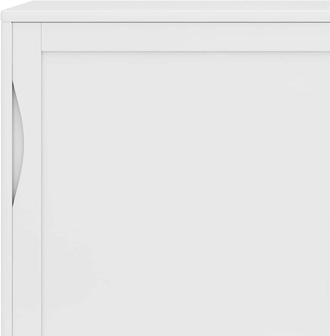 SIMPLIHOME Harper Medium Storage Cabinet - 48 inch Wide Solid Hardwood Sliding Door Cabinet in White, Mid-Century Modern Cupboard for Living Room or Entryway with 3 Drawers and Tapered Legs