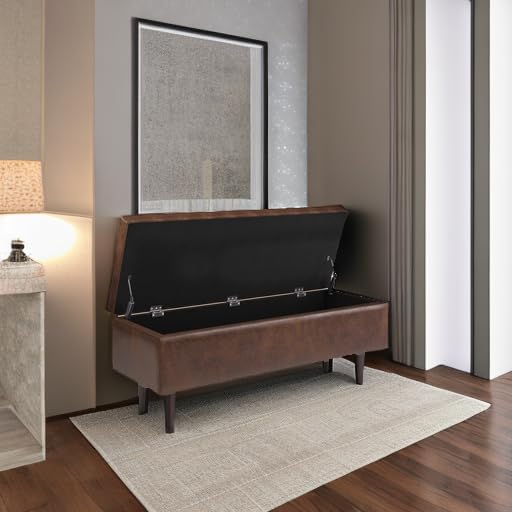 SIMPLIHOME Shay 48 inch Wide Mid Century Modern Rectangular Storage Ottoman in Distressed Chestnut Brown Vegan Faux Leather, Assembled, For the Living Room, Entryway and Family Room