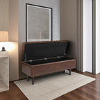 SIMPLIHOME Shay 48 inch Wide Mid Century Modern Rectangular Storage Ottoman in Distressed Chestnut Brown Vegan Faux Leather, Assembled, For the Living Room, Entryway and Family Room