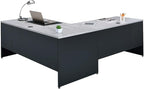 NBF Carbon L-Shaped Reversible Executive Office Work Desk - Durable Laminate Computer Desk with 4 Drawers Pedestal - Modern Desk with Storage and File Cabinet - (66" W x 78" D, Black, Gray, Maple)