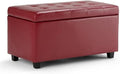SIMPLIHOME Cosmopolitan 34 inch Wide Transitional Rectangle Storage Ottoman in Red Vegan Faux Leather, Assembled, For the Living Room, Entryway and Family Room