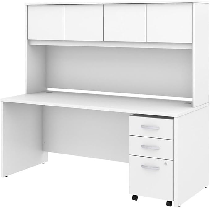 Pemberly Row 72W Office Desk with Hutch and Drawers in White - Engineered Wood