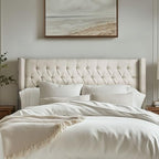 Madison Park Amelia Upholstered Headboard | Nail Head Trim Wingback Button Tufted | King, Cream