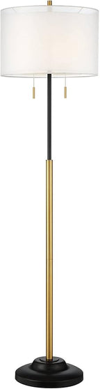Possini Euro Design Roxie Modern Glam Floor Standing Lamp 65.5" Tall Sleek Brass Black Metal Double Layer Linen and Sheer Drum Shade Decor for Living Room Reading House Bedroom Home