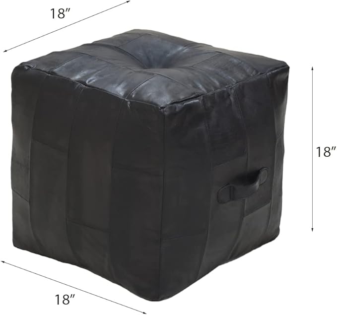 Handmade Eco-Friendly Geometric Leather Pouf Black Color Square 18" x 18" x 18" Buffalo Leather Pouf for Living Room, Bedroom Seating, Patio