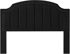 24KF Velvet Fabric Upholstered Queen/Full Headboard with Nail Trims,Modern Vertical Channel Design with Curved Headboard, 6052-Q-Black