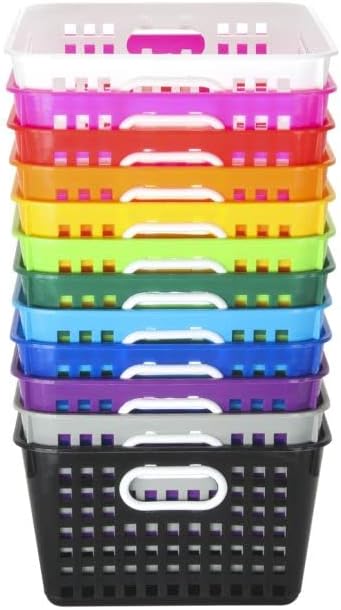 Really Good Stuff Large Plastic Book Baskets, 13.25" by 10" by 5.5" - 12 Pack, Rainbow Color, Classroom Library Organizer, Toy Storage, Multi-Purpose Organizer Basket