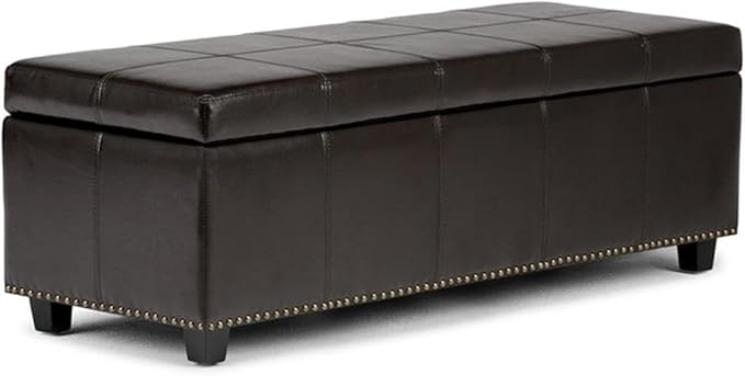 SIMPLIHOME Kingsley 48 inch Wide Transitional Rectangle Large Storage Ottoman in Coffee Brown Vegan Faux Leather, Assembled, For the Living Room, Entryway and Family Room