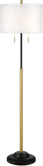 Possini Euro Design Roxie Modern Glam Floor Standing Lamp 65.5" Tall Sleek Brass Black Metal Double Layer Linen and Sheer Drum Shade Decor for Living Room Reading House Bedroom Home
