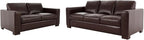 Naomi Home Freya Genuine Leather Sofa + Loveseat - Luxurious Comfort, Goose Feather Cushion Filling, Square Arm Design, Sturdy Block Legs, Elegant Espresso - Ideal for Living Room, Office, or Bedroom