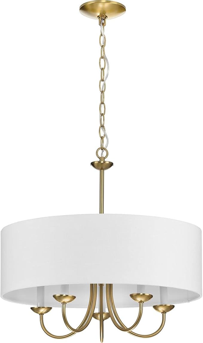 Progress Lighting Drum Shade Collection Five-Light Chandelier, Farmhouse Style Hanging Ceiling Light Fixture for Dining Rooms, Foyers, White Fabric Shade, Brushed Bronze