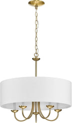 Progress Lighting Drum Shade Collection Five-Light Chandelier, Farmhouse Style Hanging Ceiling Light Fixture for Dining Rooms, Foyers, White Fabric Shade, Brushed Bronze