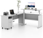 70" W L‑Shaped Executive Standing Desk with Storage Cabinet, Electric Corner Height Adjustable Workstation for Dual Screens, Printer, and Office Essentials
