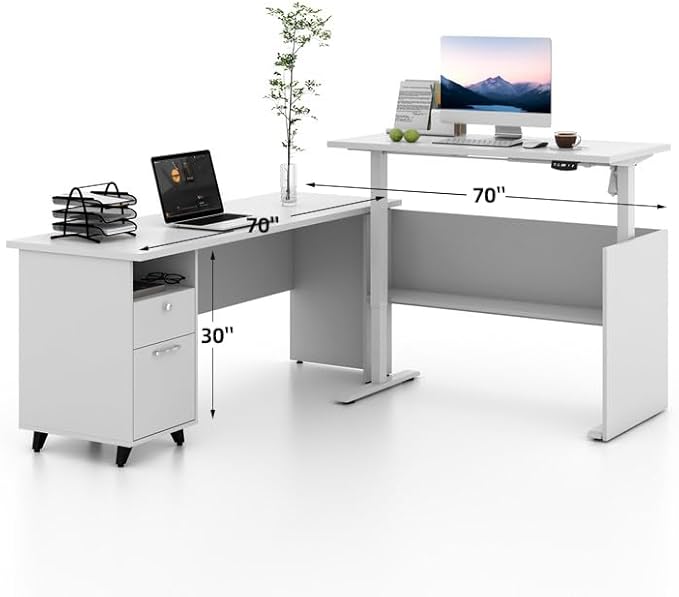 70" W L‑Shaped Executive Standing Desk with Storage Cabinet, Electric Corner Height Adjustable Workstation for Dual Screens, Printer, and Office Essentials