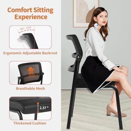 CLATINA Stacking Waiting Room Chairs, Adjustable Mesh Backrest Armless Office Guest Reception Chair with Ergonomic Lumbar Support and Leather Cushion for Conference Lobby Side School Classroom,4PK