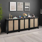SICOTAS Rattan Sideboard Buffet Storage Cabinet - 3 Pieces Boho Farmhouse Coffee Bar Cabinet Credenza Cabinet with Storage and Rattan Decorated Doors for Home Kitchen, Black