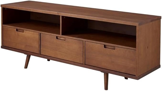 Walker Edison 3-Drawer Mid Century Modern Wood TV Stand for TV's up to 65" Flat Screen Cabinet Door Living Room Storage Entertainment Center, 58 Inch, Walnut