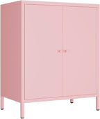 Metal storage Cabinets with 2 Doors，Small Pantry Cabinet, Storage Closet with Adjustable Shelf and High Feet, Pink Cabinet for Home, Office, Living Room,Dining Room,Sideboard, Hallway and Entryway