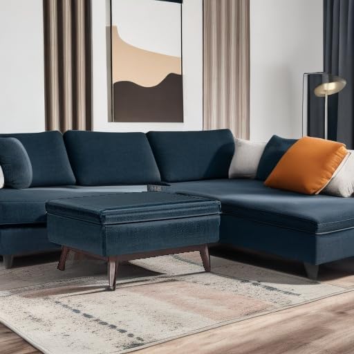 SIMPLIHOME Owen 34 inch Wide Mid Century Modern Rectangle Coffee Table Storage Ottoman in Distressed Dark Blue Vegan Faux Leather, Assembled, for the Living Room, Entryway and Family Room
