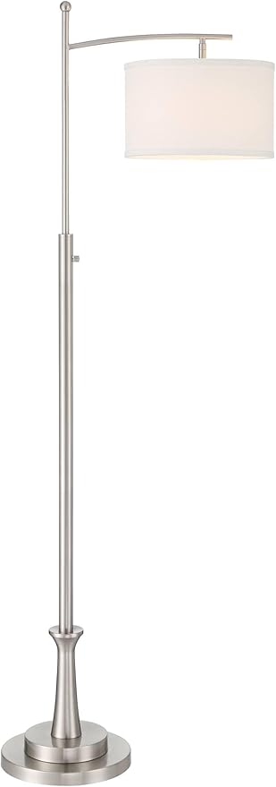 Possini Euro Design Burbank Modern 64" Tall Standing Floor Lamp Downbridge Pole Task Silver Metal Brushed Nickel Finish Living Room Bedroom House Reading Office Home Decor Entryway White Drum Shade