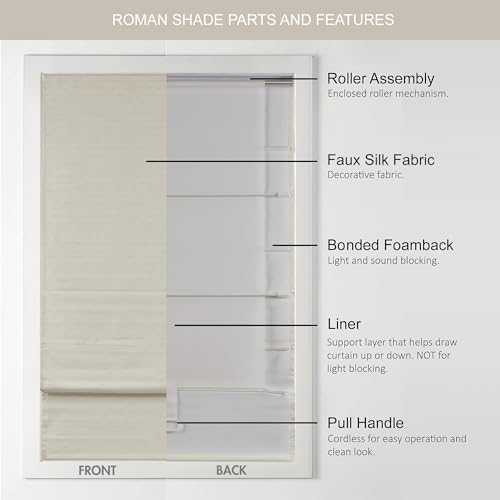 Madison Park Cordless Roman Shades Faux Silk Shade with Sheen 1-Panel Privacy, Room Darkening, Energy Efficient, Thermal Insulated Window Blind for Bedroom, Living Room Décor, 31"W x 64"H Como, Ivory