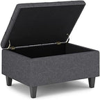 SIMPLIHOME Harrison 34 inch Wide Transitional Rectangle Small Coffee Table Storage Ottoman in Slate Grey Linen Look Fabric, Assembled, for the Living Room and Bedroom