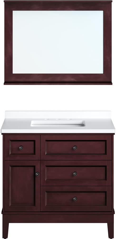Hanover 36 Set Includes w, Brown Bedford 36'' Vanity Sink Combo for Bathroom, Powder Room | Pre-Assembled 1 Door, 3 Drawers | Accent Mirror | Artificial Stone Countertop, Cabinet, 36 inches