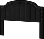 24KF Velvet Fabric Upholstered Queen/Full Headboard with Nail Trims,Modern Vertical Channel Design with Curved Headboard, 6052-Q-Black