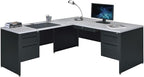 NBF Carbon L-Shaped Reversible Executive Office Work Desk - Durable Laminate Computer Desk with 4 Drawers Pedestal - Modern Desk with Storage and File Cabinet - (66" W x 78" D, Black, Gray, Maple)