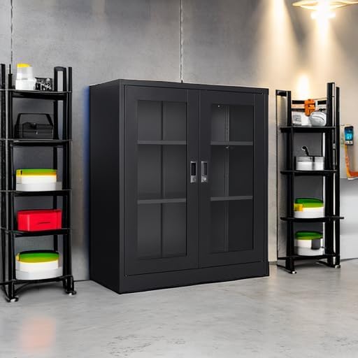 SISESOL Black Metal Storage Cabinet with Doors and Shelves,36 inch Locking Display Cabinet with Acrylic Doors,Office Cabinets with Lock,Sideboard Cabinets for Home Office,Living/Dining/Utility Room,