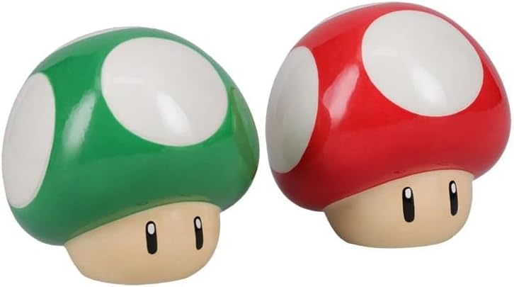 Super Mario Brothers Mushroom Salt and Pepper Shakers Officially Licensed Nintendo Red & Green 1-Up Ceramic Set for Kitchen & Home Decor, Housewarming Gift for Movie and Gaming Fans | Paladone