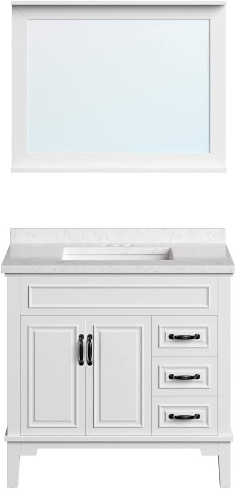 Hanover 36 Set Includes w, White Lanesboro 36'' Vanity Sink Combo for Bathroom, Powder Room | Pre-Assembled 2 Doors, 3 Drawers | Accent Mirror | Artificial Stone Countertop, Cabinet, 36 inches