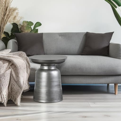 SIMPLIHOME Toby Metal Table - 17 inch Wide Solid Iron Drum Accent Table in Silver, Industrial Side or End Table for Living Room, Bedroom or Entryway with Sculptural Design, Assembled