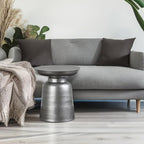 SIMPLIHOME Toby Metal Table - 17 inch Wide Solid Iron Drum Accent Table in Silver, Industrial Side or End Table for Living Room, Bedroom or Entryway with Sculptural Design, Assembled