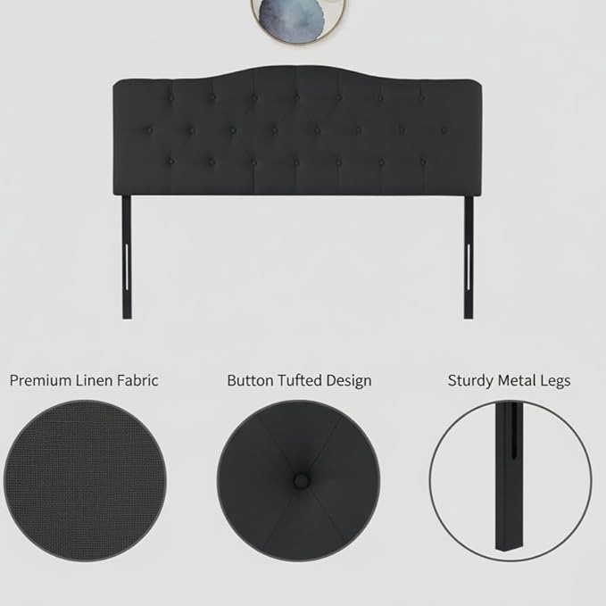 Naomi Home Cassandra Queen Tufted Headboard, Upholstered in Durable Linen Fabric – Premium Foam Cushioning, Adjustable Height, Floating Wall or Bed Frame Mount, Compatible with Adjustable Beds