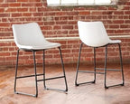 Signature Design by Ashley Centiar Casual Bucket Seat Dining Upholstered Bar Stool with Black Metal Base, Set of 2, Faux Leather, 23.75" Seat Height, White