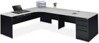 NBF L-Shaped Executive Office Desk - Durable Laminate Computer Desk with Three Drawers - Modern Desk with Storage and File Cabinet (72" Wx 96" D, Gray, Maple)